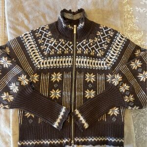 House of Harlow 1960 Brown and Cream Patterned Zip-Up Sweater